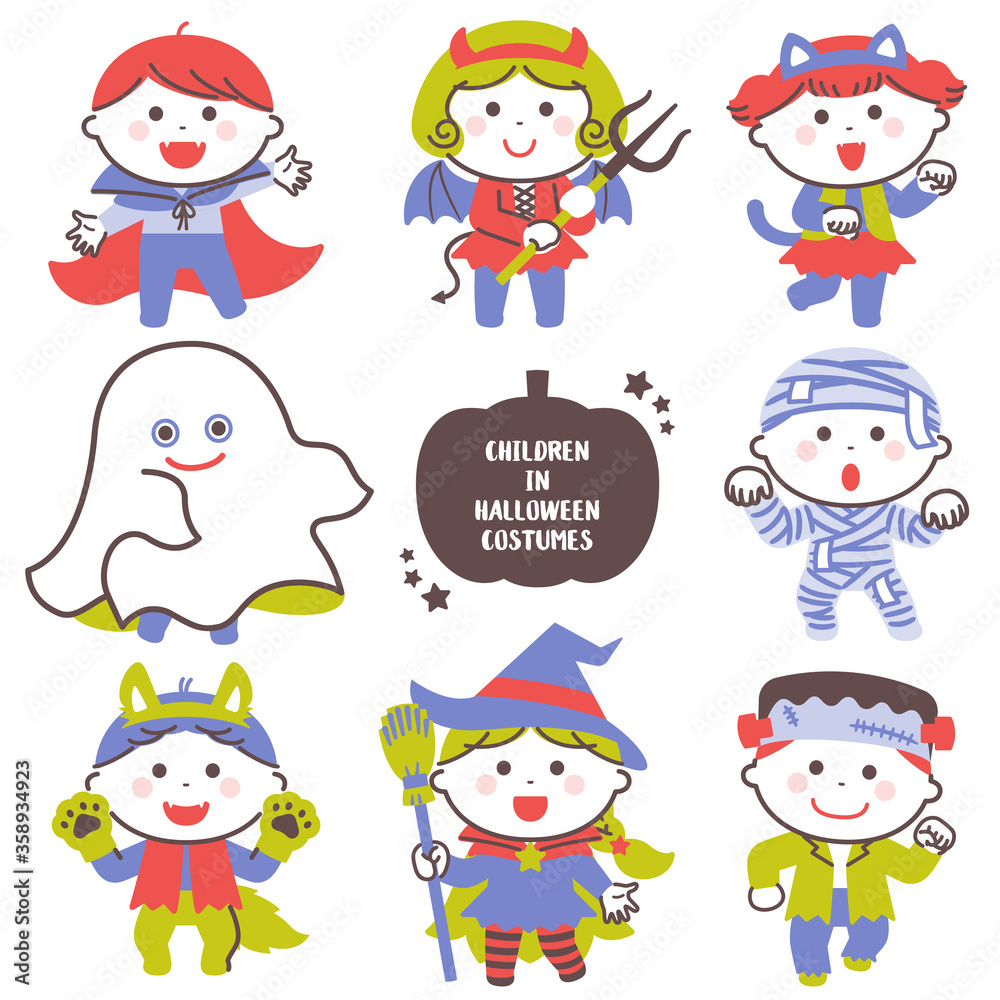 Children posing in Halloween ghost costumes / Four Colors Children posing in Halloween ghost costumes / Four Colors