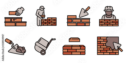 Masonry worker icons set. Outline set of masonry worker vector icons for web design isolated on white background