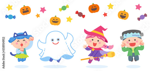 Children jumping in Halloween ghost costumes
