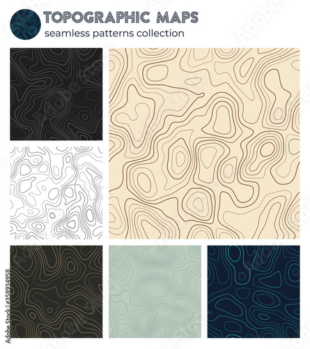 Topographic maps. Appealing isoline patterns, seamless design. Neat tileable background. Vector illustration.