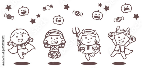 Children jumping in Halloween ghost costumes / Single Color