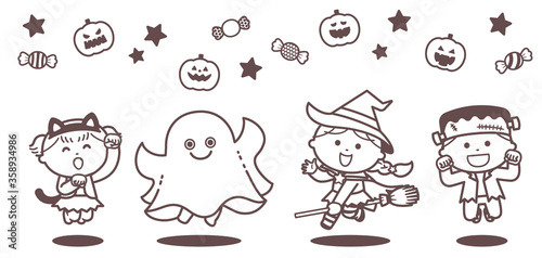 Children jumping in Halloween ghost costumes / Single Color