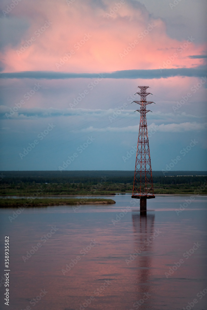 the pylon at sunset. Electric pylon