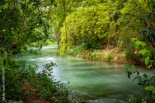 Martha Brae River in Falmouth  Trelawny parish  Jamaica. Beautiful lush green natural canopy foliage landscape. Romantic nature setting  famous for rafting. Popular tourist attraction  excursion.