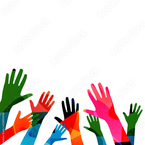 Colorful human hands raised isolated vector illustration. Charity and help, volunteerism, social care and  community support concepts 