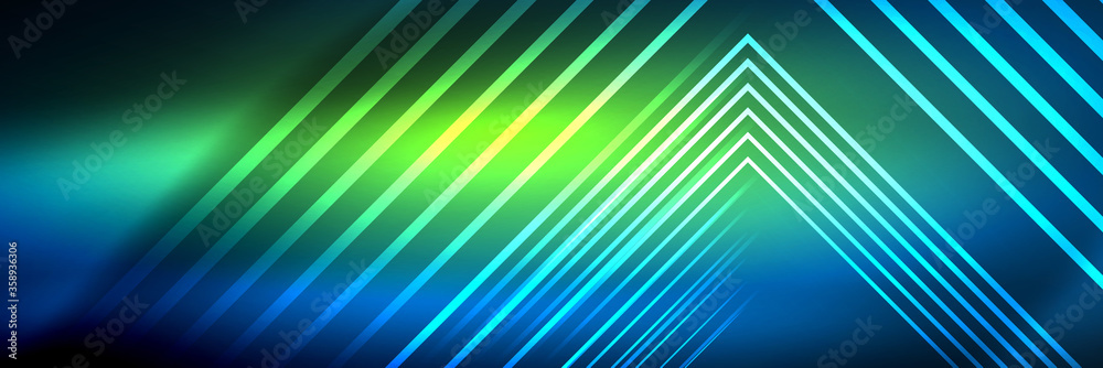 Shiny neon glowing techno lines, hi-tech futuristic abstract background template with square shapes