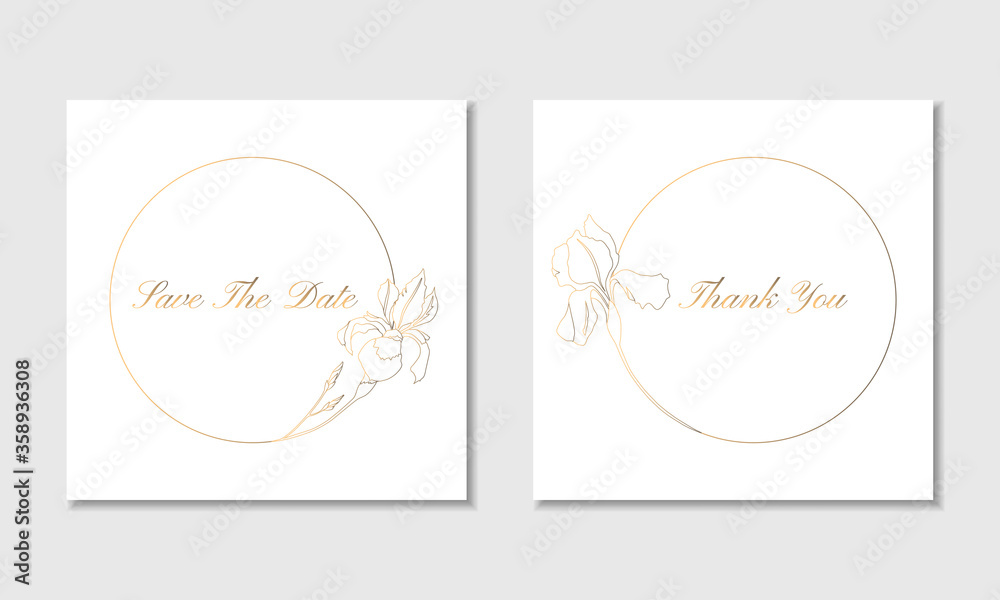 Two geometric golden frames with flowers and leaves. Vector template cards Two geometric golden frames with flowers and leaves. Vector template cards