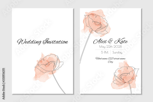 Floral watercolour wedding invitation with red poppies. Vector template for cover and information