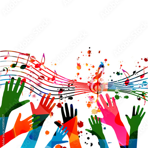 Music background with colorful G-clef, music notes and hands vector illustration design. Artistic music festival poster, live concert events, party flyer, music notes signs and symbols
