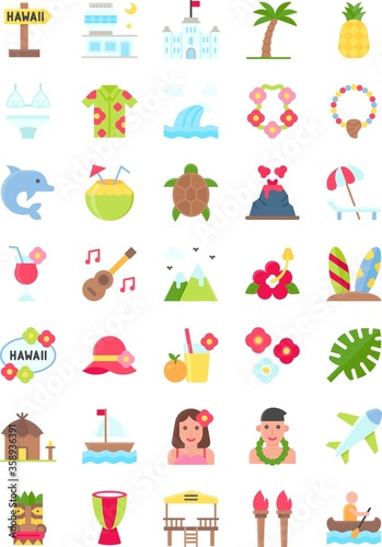 Obraz na płótnie Hawaii related pineapple, coconut, guitar, boy, girl, flower, leaf, boat, airplane, drum,fire stick,surf, shirt, necklace, dolphin, tortoise, lava, mountains, and cap vector in flat design, w salonie