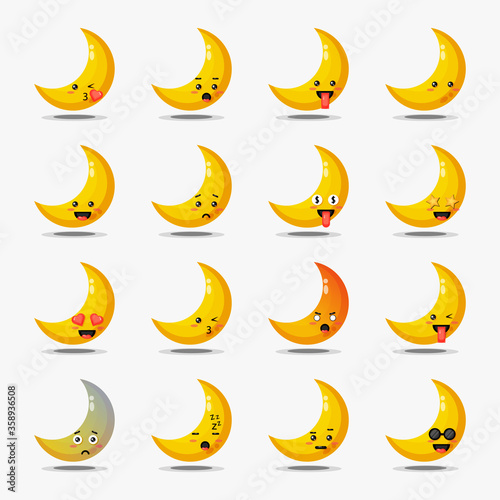 Set of cute crescent with emoticons