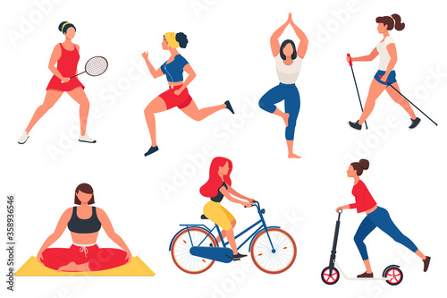 Women practicing exercises of different kinds of sport