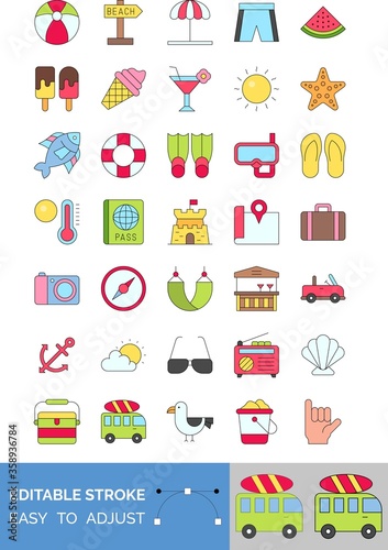 summer beach related camera, football, luggage, shirt, compass, starfish, watermelon, location, water tube, glasses, radio, ice cream, car,  bus, duck, basket and slipper vector with editable stroke,