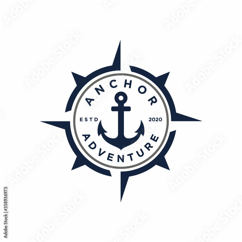 Retro Anchor with compass stamp badge emblem logo design