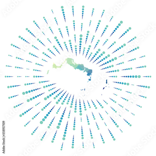 Shape of Turks and Caicos Islands, polygonal sunburst. Map of the island with colorful star rays. Turks and Caicos Islands illustration in digital, technology, internet, network style.