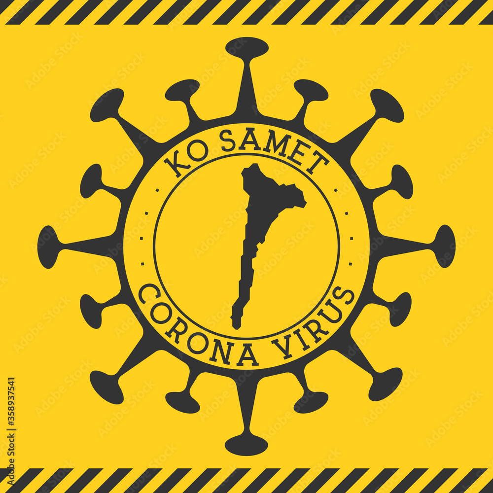 Corona virus in Ko Samet sign. Round badge with shape of virus and Ko Samet map. Yellow island epidemy lock down stamp. Vector illustration.
