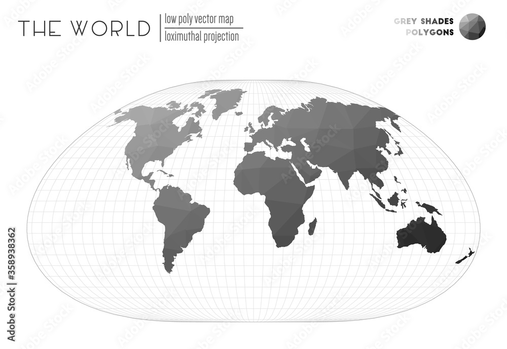 Triangular mesh of the world. Loximuthal projection of the world. Grey shades colored polygons. Amazing vector illustration. Triangular mesh of the world. Loximuthal projection of the world. Grey shades colored polygons. Amazing vector illustration.