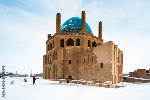 It's Soltaniyeh dome in winter on the snow, Soltaniyeh District of Abhar County, Zanjan Province, Iran. UNESCO World Heritage photo