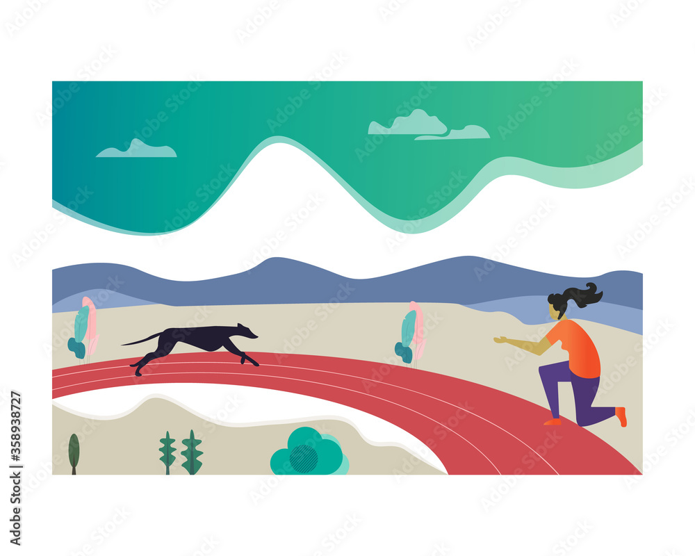 vector illustration of a mountain landscape with a woman and dog