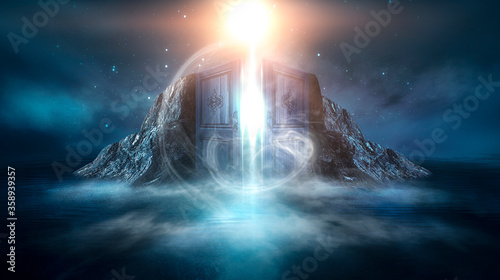 Fototapeta Naklejka Na Ścianę i Meble -  Fantasy night scene with sea landscape. The island in the form of mountains, smoke, fog, reflection in the water. Open doors and magical glow. 3D illustration.