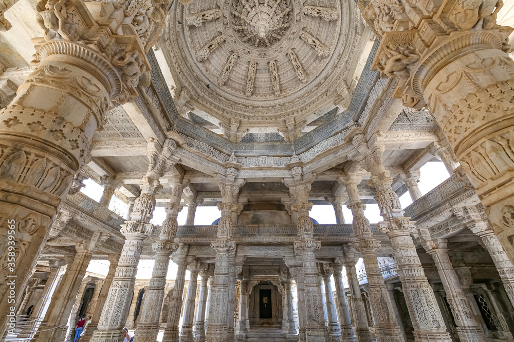 Famous Dilwara temple interior architecture structure with stone artwork at Mount Abu, Rajasthan, India