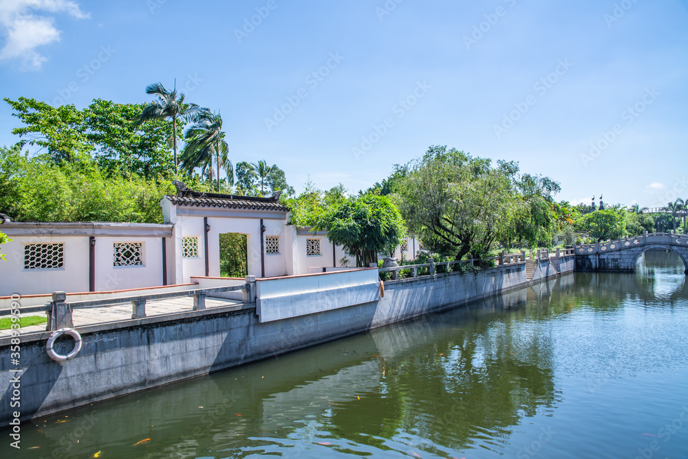 Fototapeta premium Waterfront scenery of a street in Nansha Water Town, Guangzhou, China
