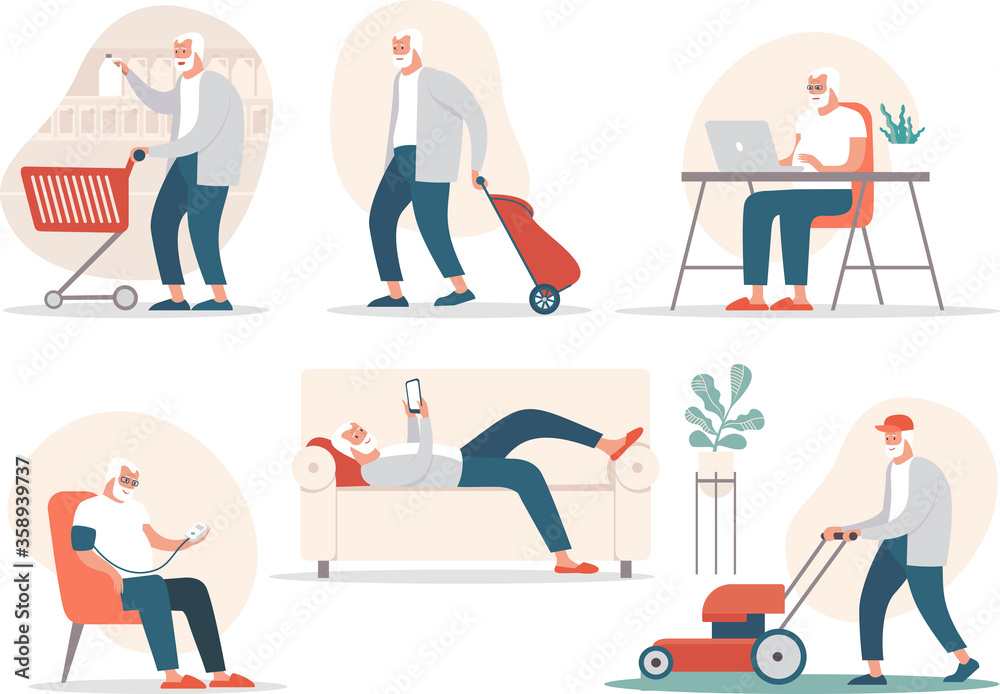 Senior man in different poses and situations. Vector flat cartoon character illustration.