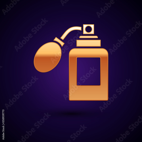 Gold Aftershave bottle with atomizer icon isolated on dark blue background. Cologne spray icon. Male perfume bottle. Vector Illustration.