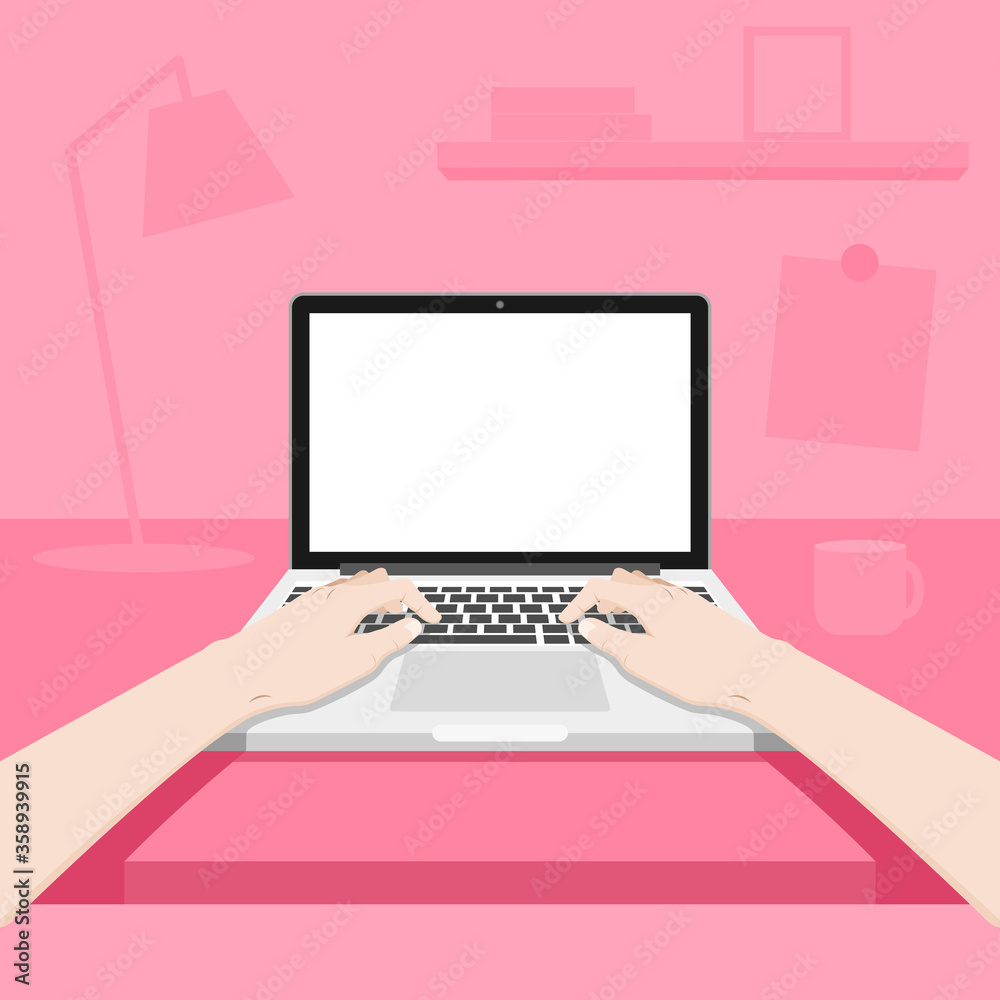 Workspace with the person working. That has blank screen of laptop on the desk. the hand using on a keyboard of laptop. vector illustration
Workspace with the person working. That has blank screen of laptop on the desk. the hand using on a keyboard of laptop. vector illustration