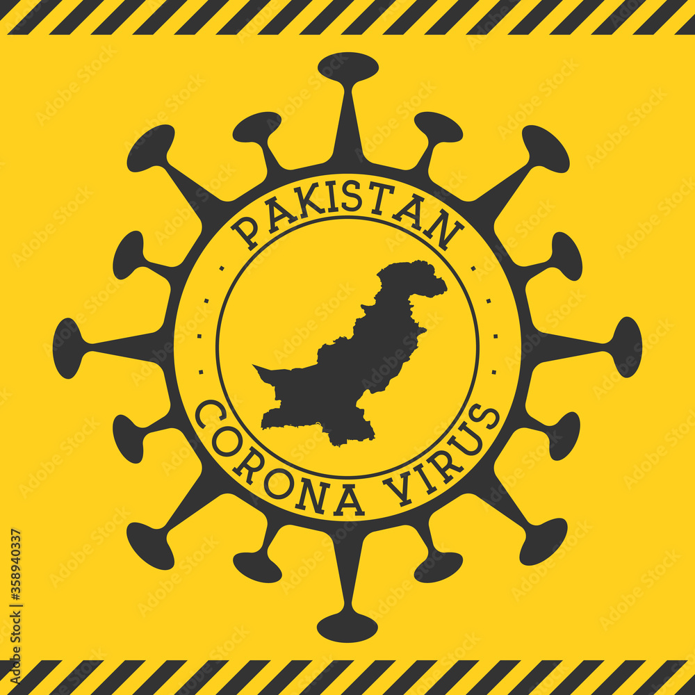 Corona virus in Pakistan sign. Round badge with shape of virus and Pakistan map. Yellow country epidemy lock down stamp. Vector illustration.