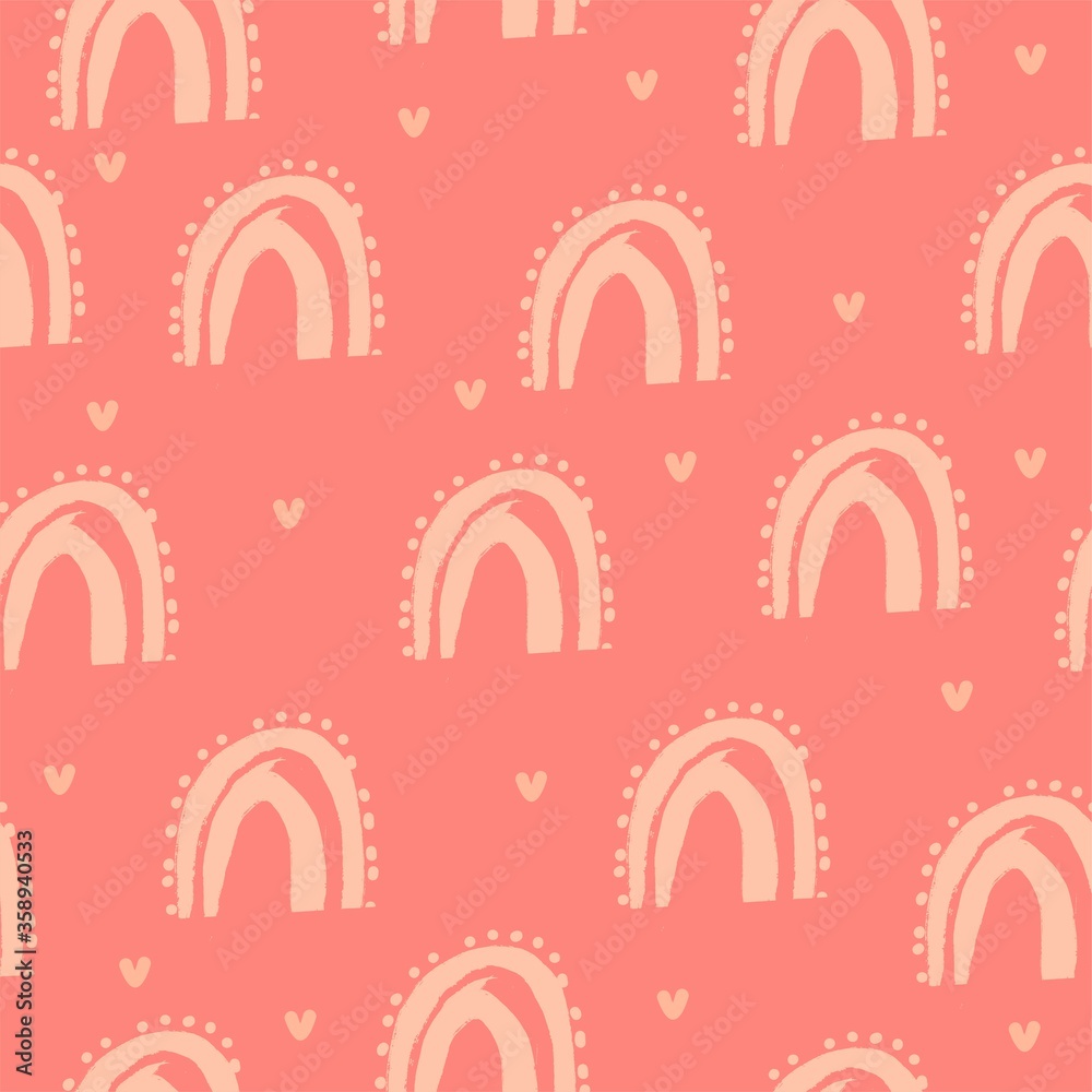 Seamless pattern rainbow clouds heart droplets cute kawaii. yellow. orange. brown. land. terracotta. Terra. red. for fabrics and textiles