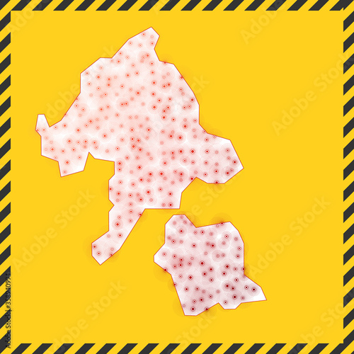 Aka Island closed - virus danger sign. Lockdown island icon. Black striped border around map with virus spread concept. Vector illustration.