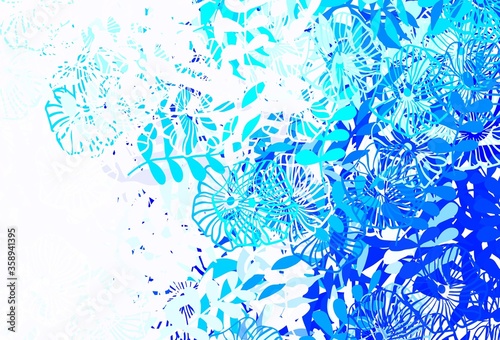 Light BLUE vector doodle template with leaves, flowers.