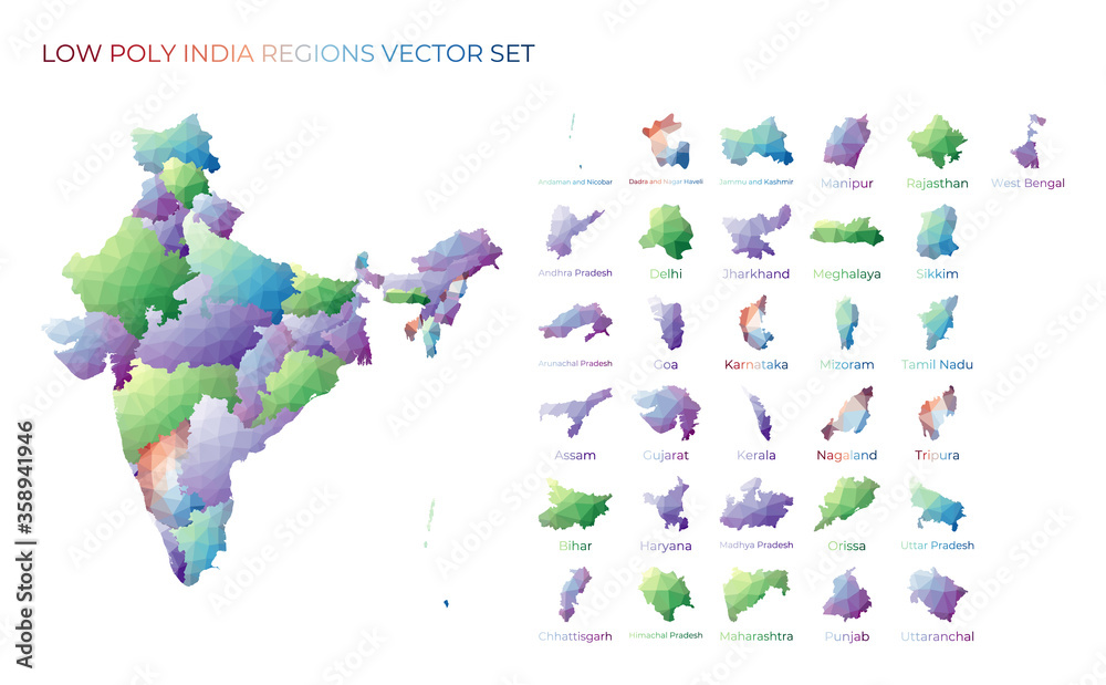 Indian low poly regions. Polygonal map of India with regions. Geometric maps for your design. Creative vector illustration.