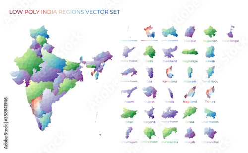 Indian low poly regions. Polygonal map of India with regions. Geometric maps for your design. Creative vector illustration.