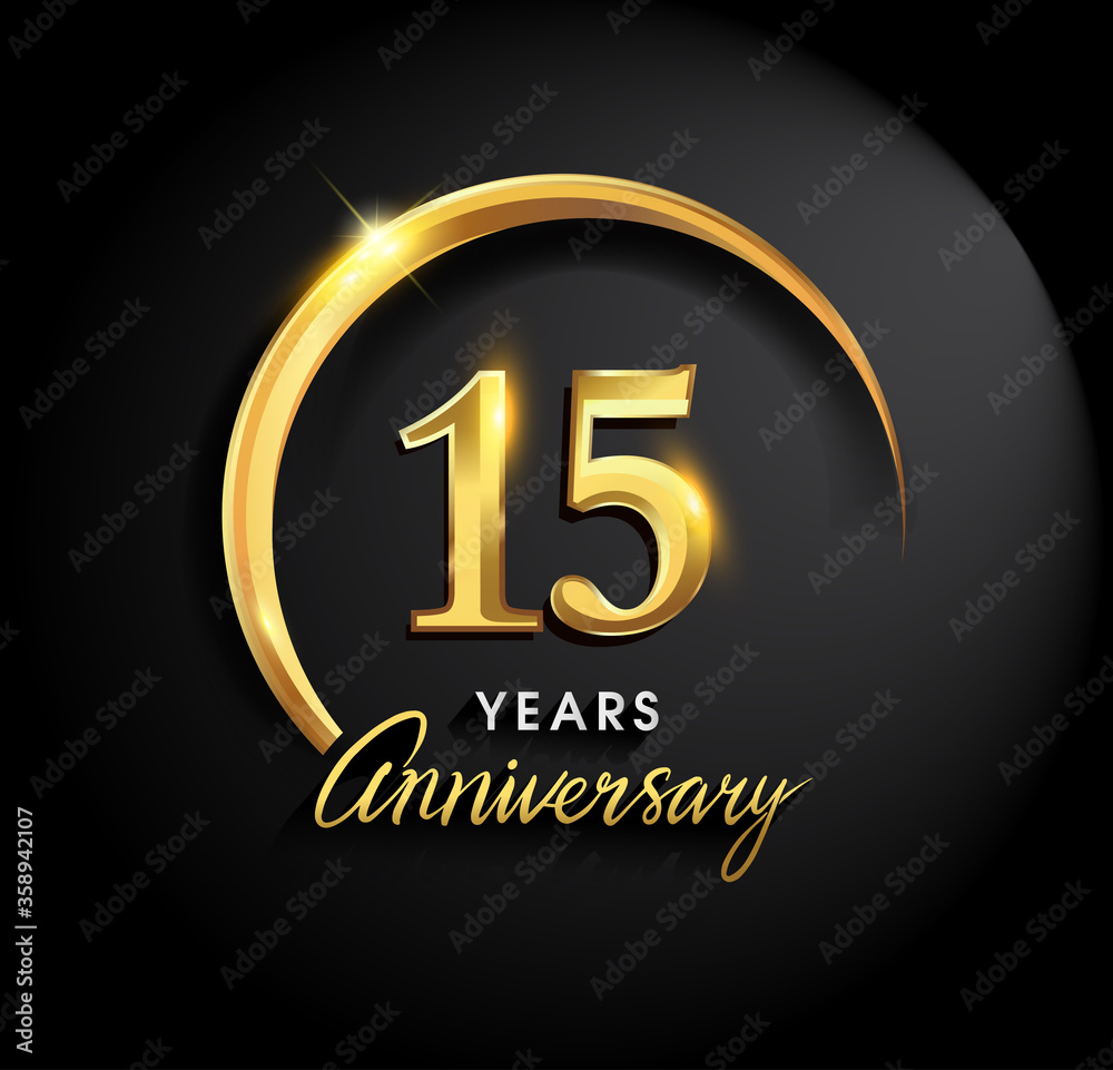 15th years anniversary celebration. Anniversary logo with ring and elegance golden color isolated on black background, vector design for celebration, invitation card, and greeting card 15th years anniversary celebration. Anniversary logo with ring and elegance golden color isolated on black background, vector design for celebration, invitation card, and greeting card