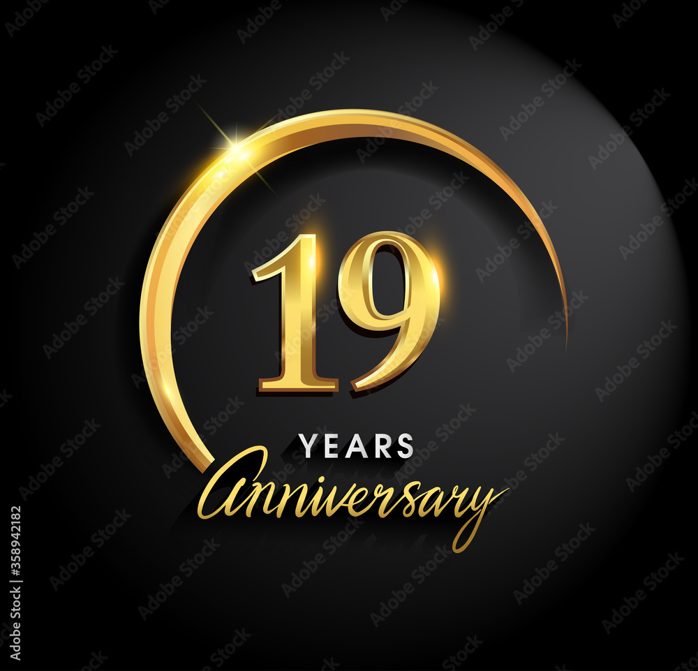 19th years anniversary celebration. Anniversary logo with ring and elegance golden color isolated on black background, vector design for celebration, invitation card, and greeting card 19th years anniversary celebration. Anniversary logo with ring and elegance golden color isolated on black background, vector design for celebration, invitation card, and greeting card