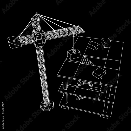 Building under construction with crane. Build house construct in process. Wireframe low poly mesh vector illustration © newb1