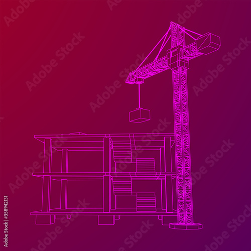 Building under construction with crane. Build house construct in process. Wireframe low poly mesh vector illustration