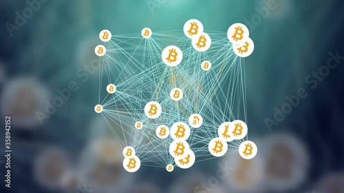 Bitcoin Decentralized Blockchain Cryptocurrency Network and Currency, Animation Concept Loop