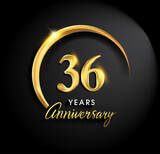 36th years anniversary celebration. Anniversary logo with ring and elegance golden color isolated on black background, vector design for celebration, invitation card, and greeting card