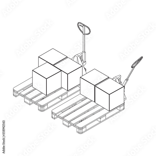 Hand pallet jack lift with pallet and stacked goods cardboard boxes. Manual forklift. Logistics shipping concept. Wireframe low poly mesh vector illustration.