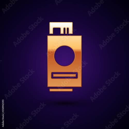 Gold Passport with ticket icon isolated on black background. Identification Document. Concept travel and tourism. Vector Illustration.