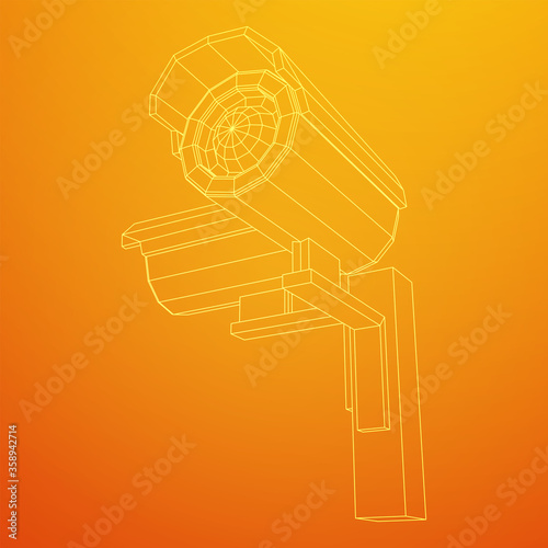 Modern video camera. Webcam viewing area. Safety, security concept. Wireframe low poly mesh vector illustration.