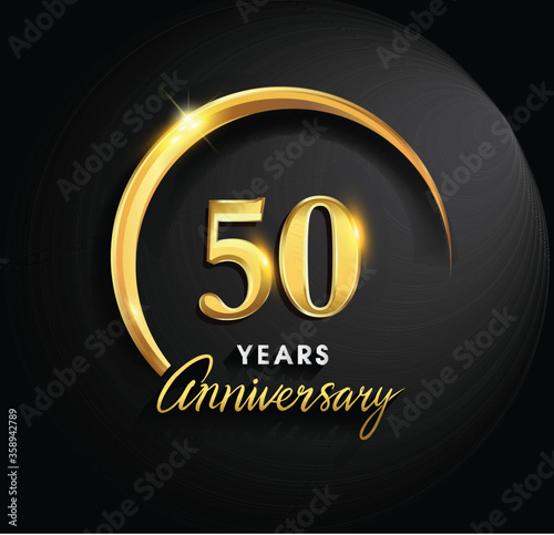 50th years anniversary celebration. Anniversary logo with ring and elegance golden color isolated on black background, vector design for celebration, invitation card, and greeting card
