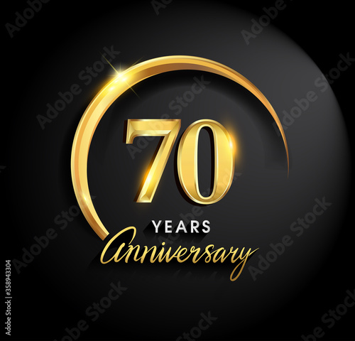 70th years anniversary celebration. Anniversary logo with ring and elegance golden color isolated on black background, vector design for celebration, invitation card, and greeting card