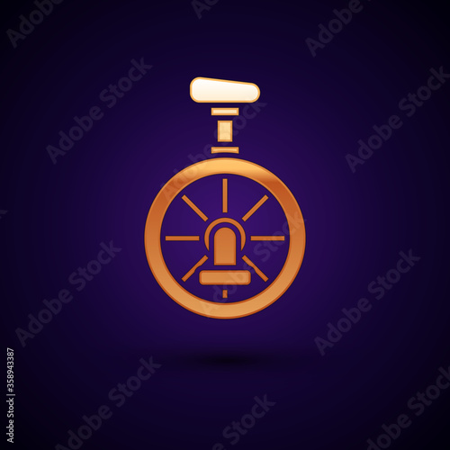 Gold Unicycle or one wheel bicycle icon isolated on black background. Monowheel bicycle. Vector Illustration.