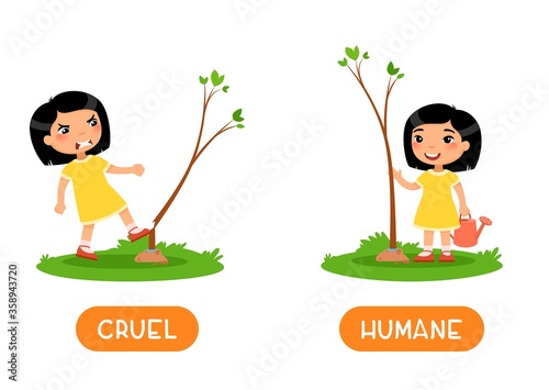 Antonyms concept GOOD and BAD. Kids flash card with opposites vector template. Word card for english learning with little girl. Asian girl planting and breaking tree flat illustration with typography