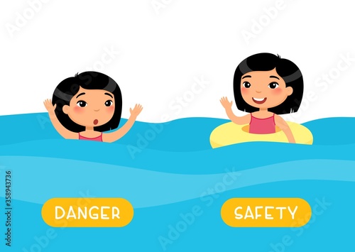 Antonyms concept, SAFETY and DANGER. Flashcard with antonyms for kids vector template. Word card for foreign language studying.