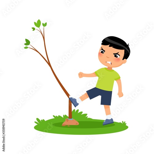 Aggressive boy breaking young tree flat vector illustration. Furious little asian kid damaging plant cartoon character. Angry child destroying nature isolated on white background. Ecology protection c